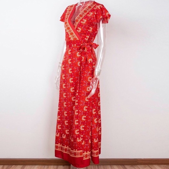 Bohemian Red Wrap Summer Maxi Dress - Picture 4 of 7